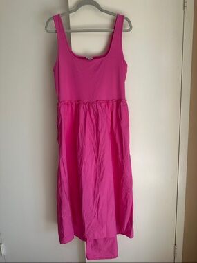 A New Day Women’s Barbiecore Pink Lettuce Trim Waist Hi-Low Maxi Dress